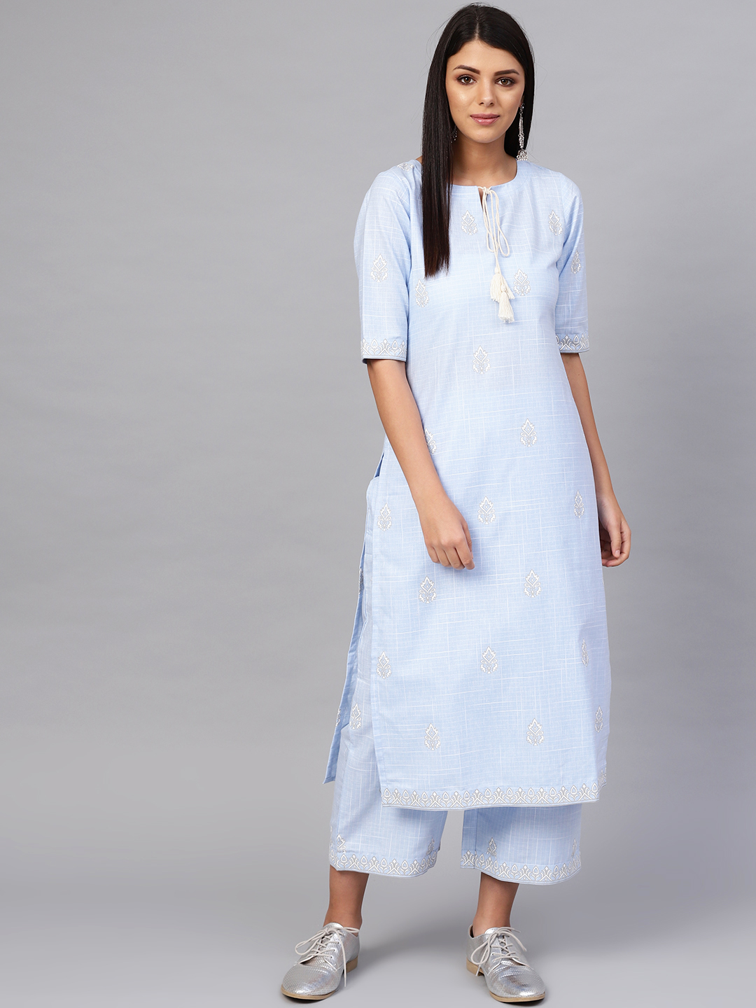 Libas Women Blue & White Block Print Kurta with Palazzos Price in India