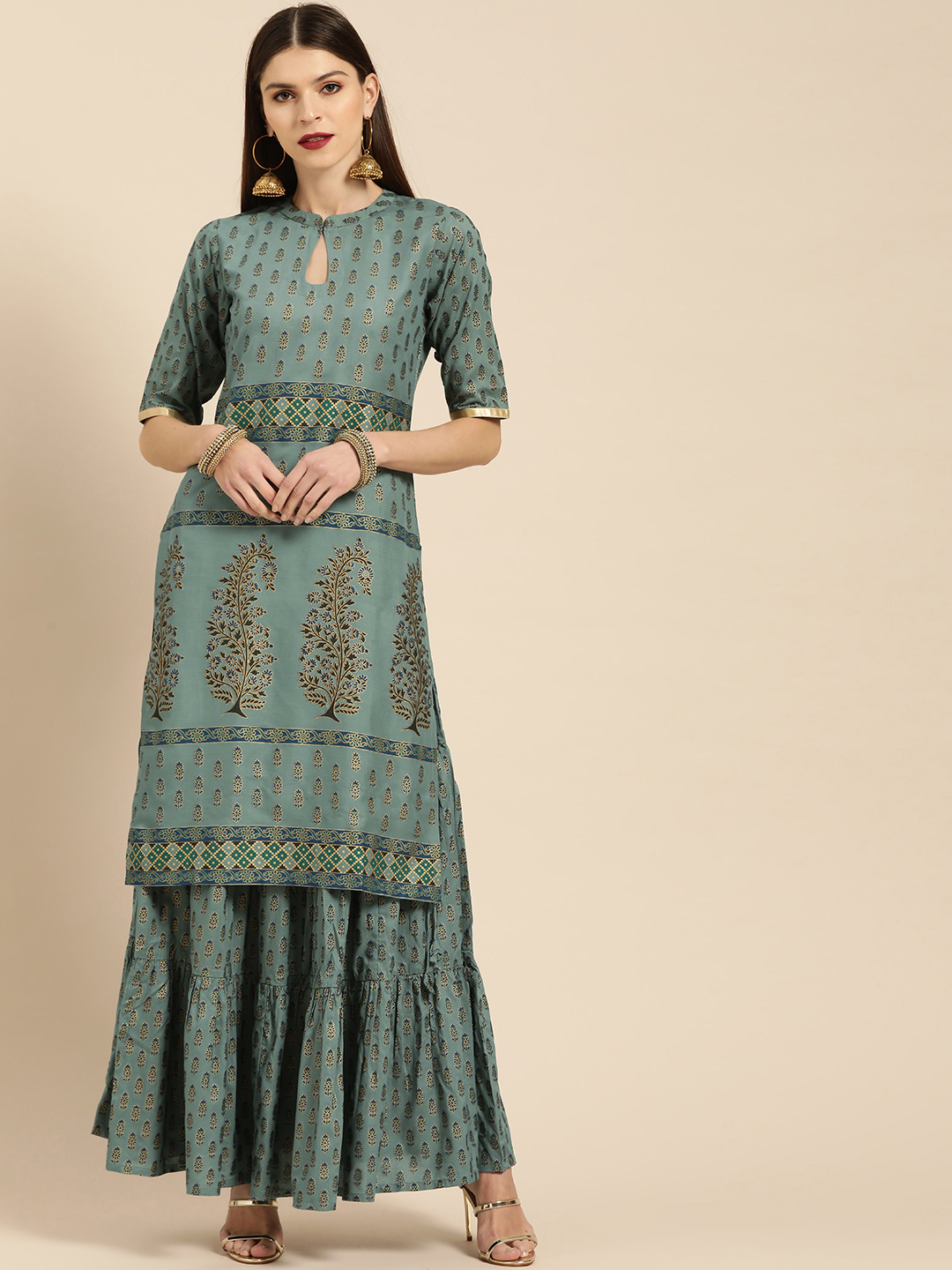 Libas Women Blue & Golden Printed Kurta with Skirt Price in India