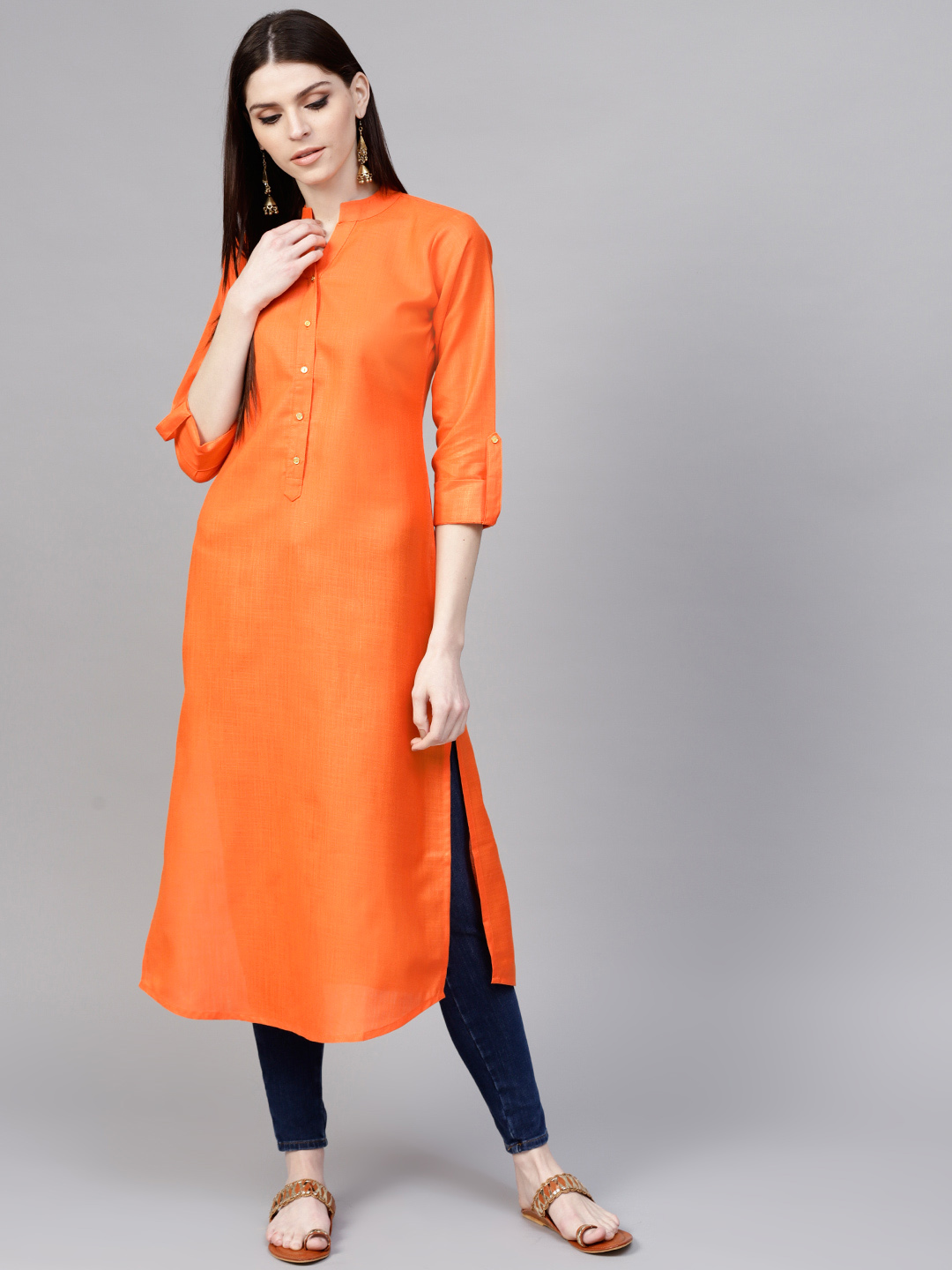 Libas Women Orange Solid Straight Kurta Price in India