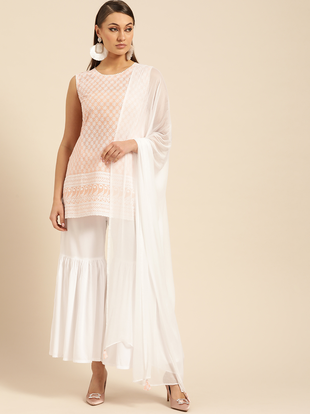 Libas Women Peach-Coloured & White Schiffli Embroidered Kurta with Sharara & Dupatta Price in India