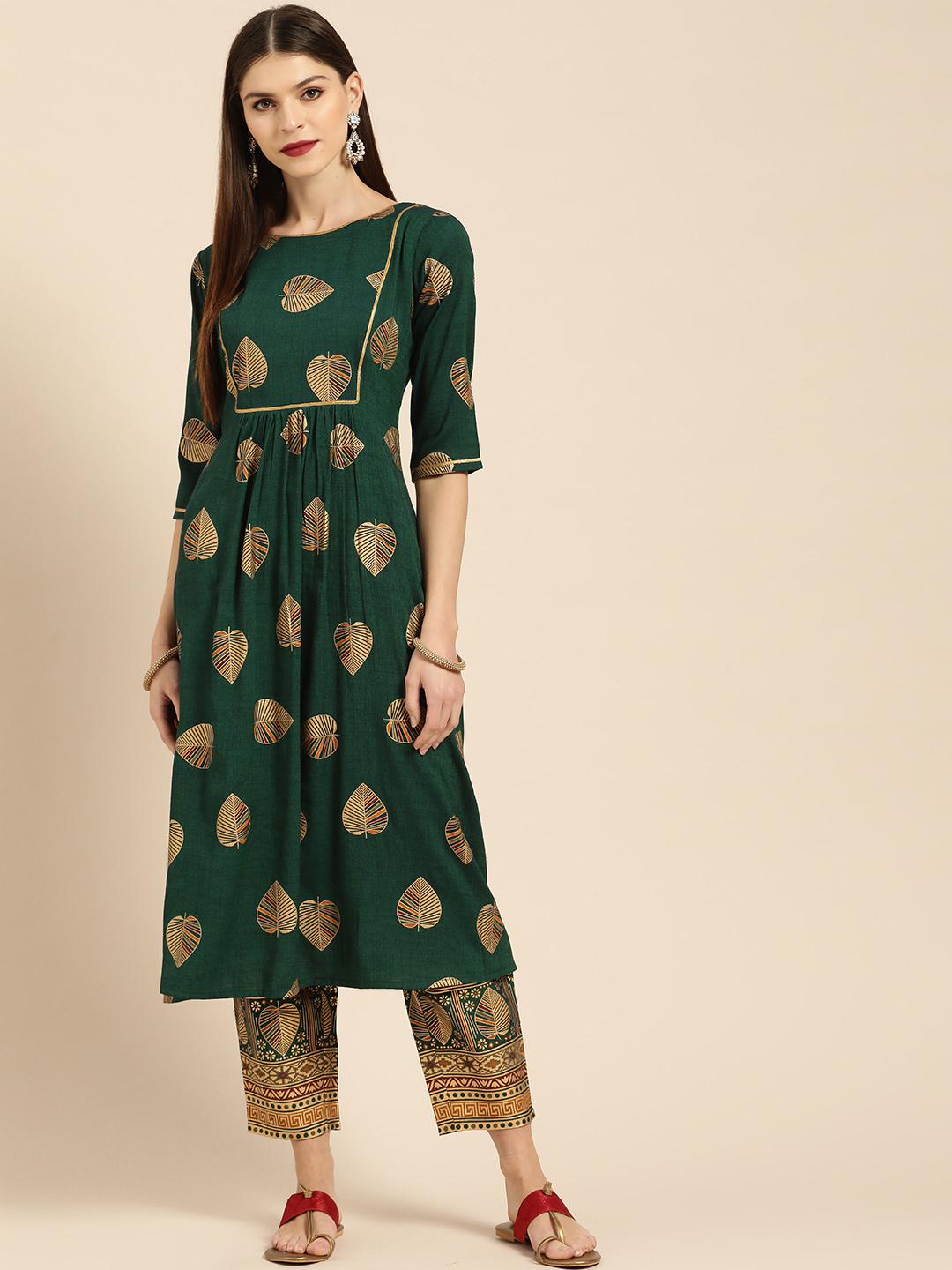 Libas Women Green & Golden Printed Kurta with Trousers Price in India