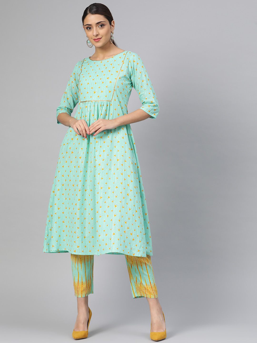 Libas Women Green & Yellow Printed Kurta with Trousers Price in India