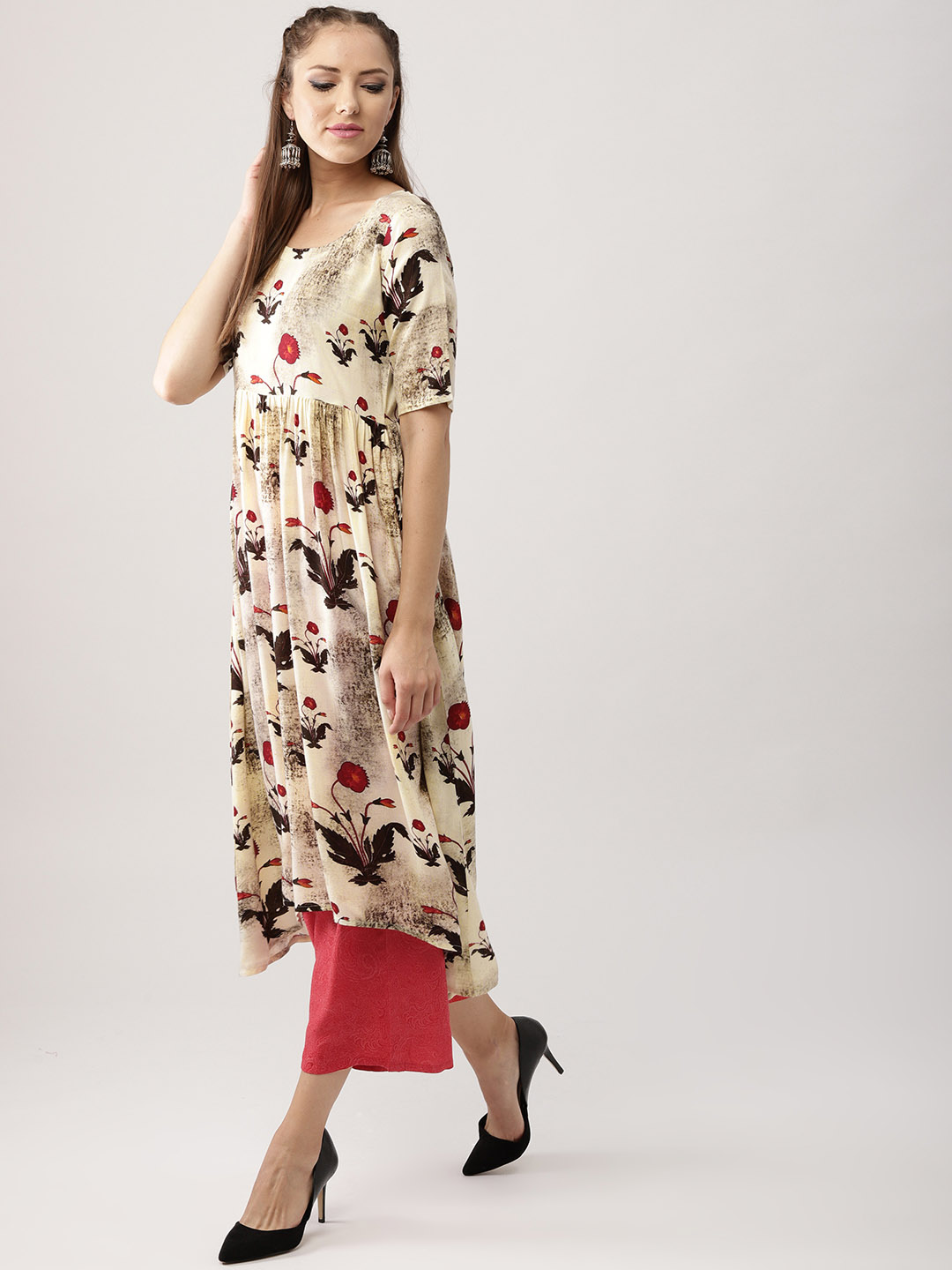 Libas Women Off-White & Coral Pink Printed Kurta with Palazzos Price in India