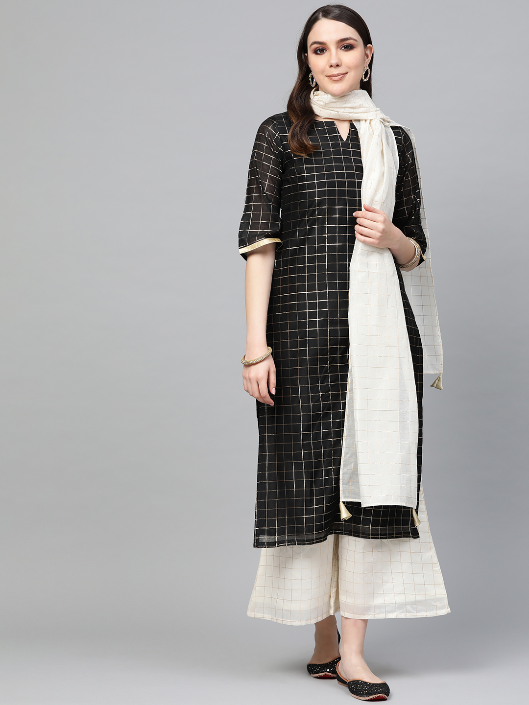 Libas Women Black & Off-White Zari Self-Checked Design Kurta with Palazzos & Dupatta Price in India