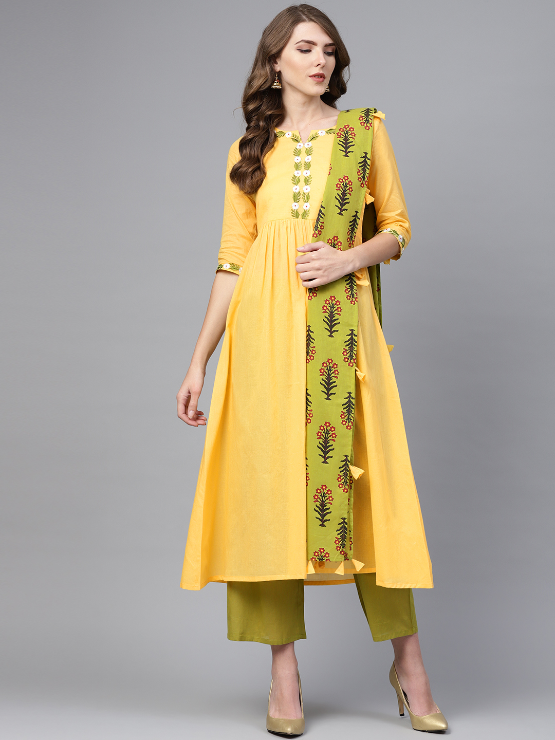 Libas Women Yellow & Green Solid Kurta with Trousers & Dupatta Price in India