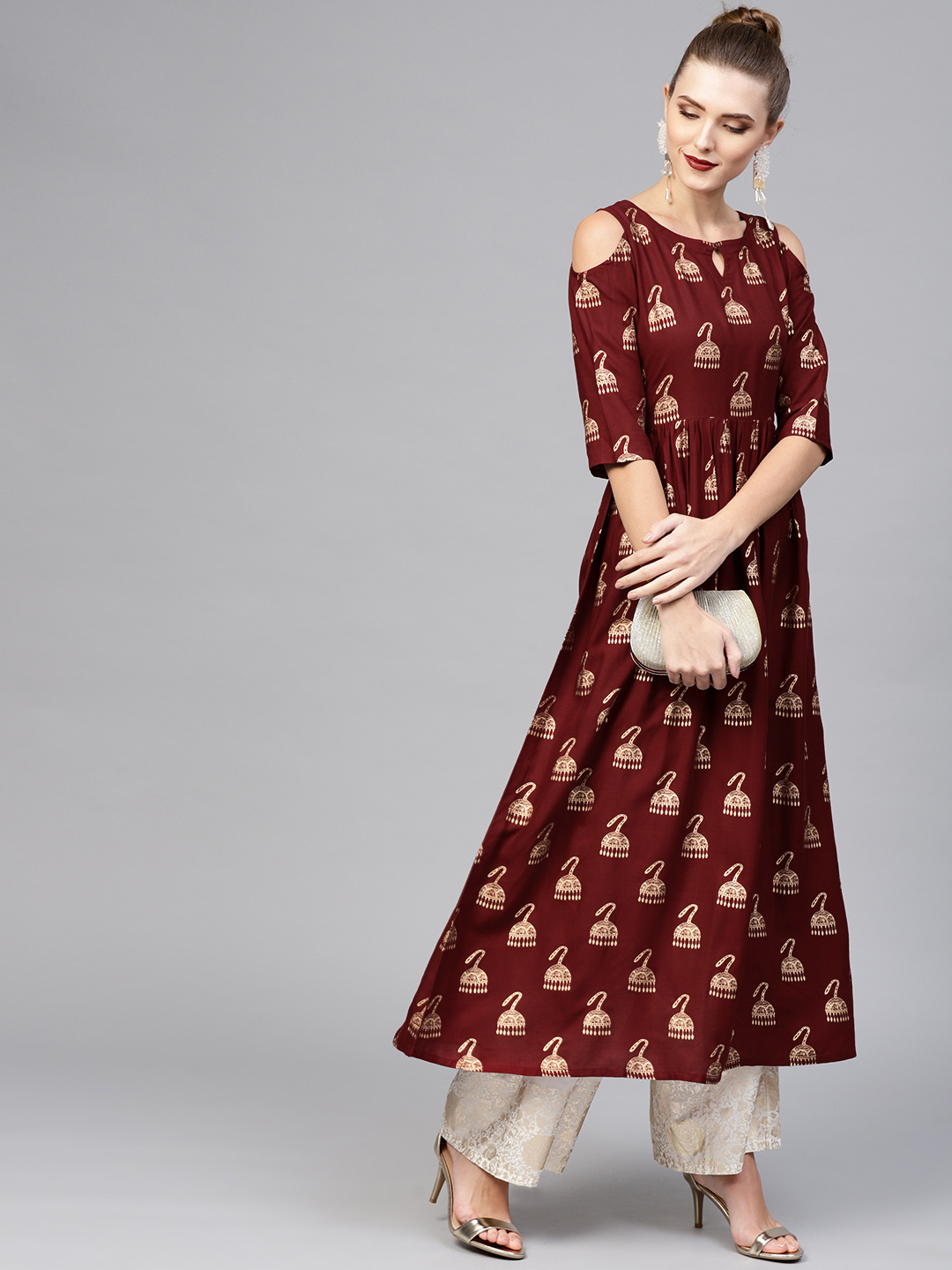 Libas Women Maroon & Golden Printed A-Line Kurta Price in India