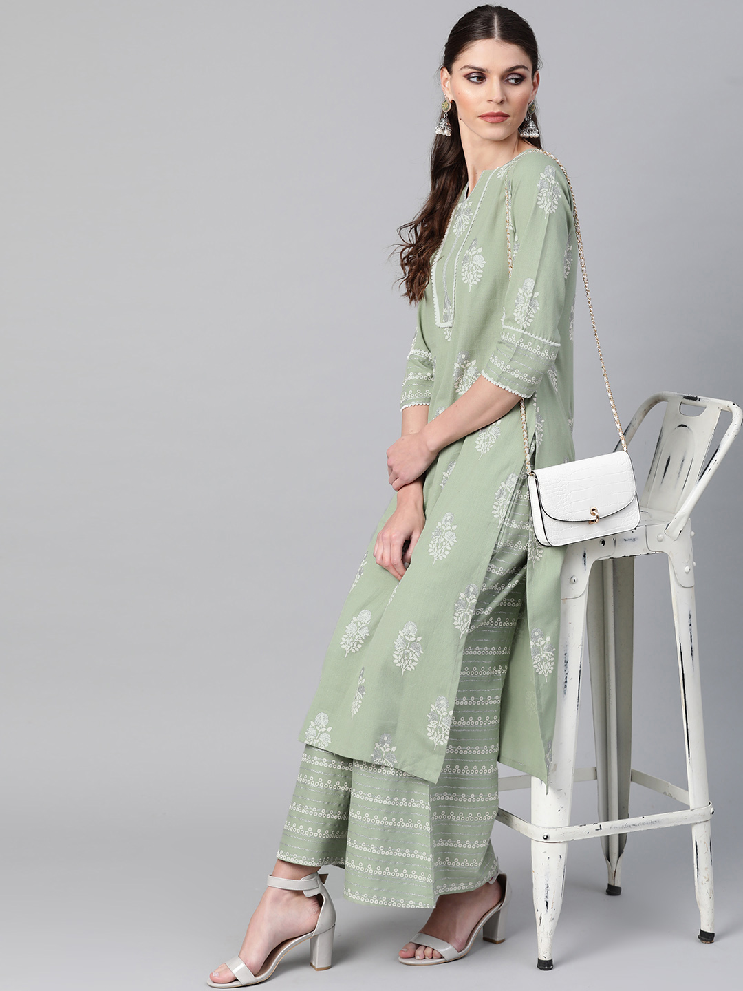 Libas Women Green & White Printed Kurta with Palazzos Price in India