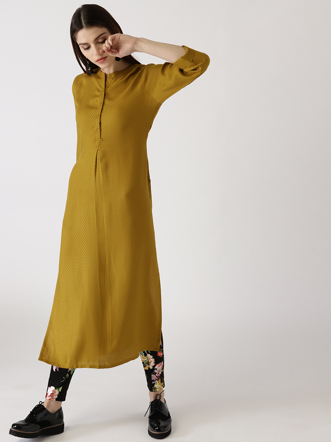 Libas Women Mustard Yellow Woven Design Straight Kurta Price in India