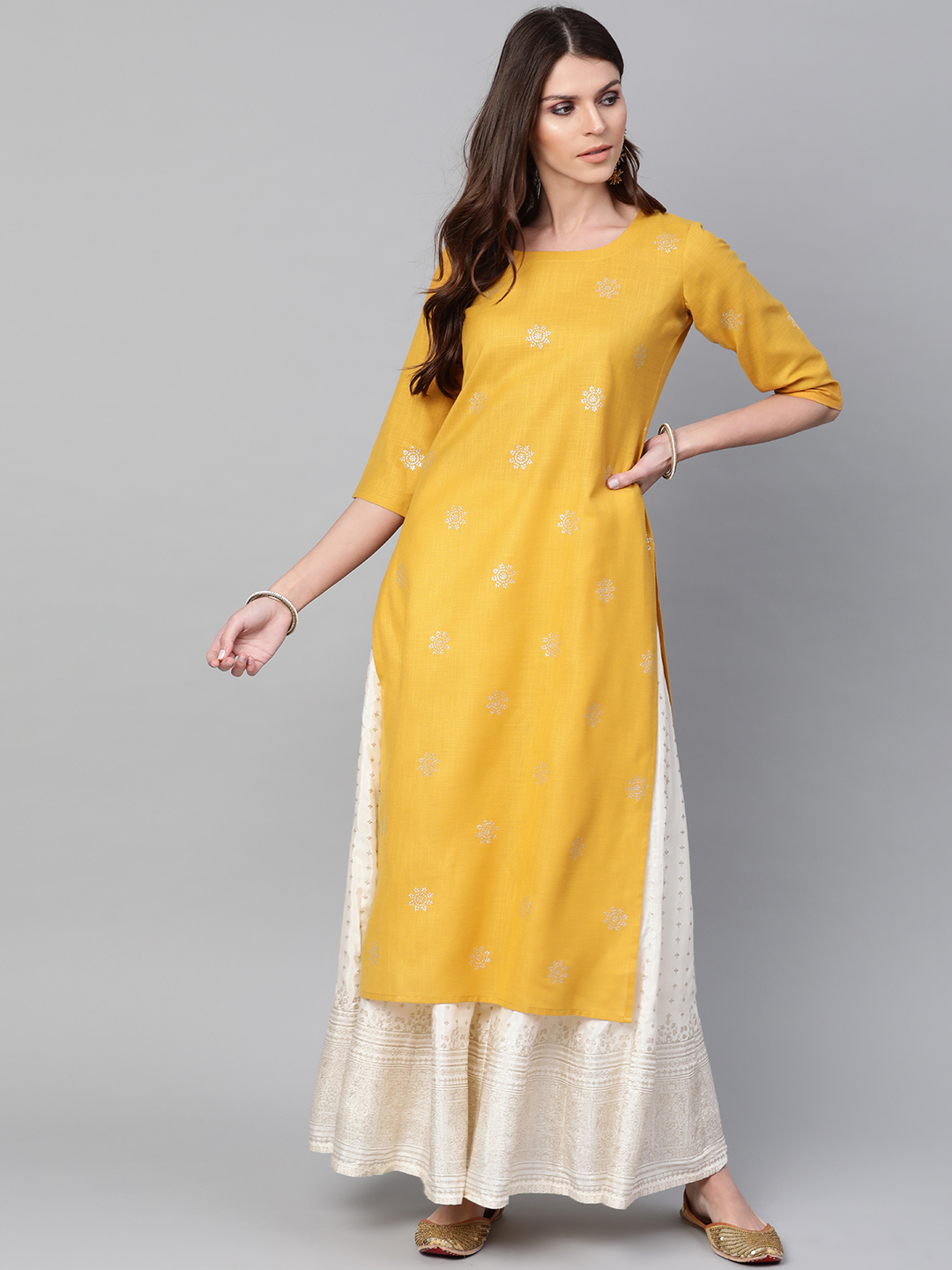 Libas Women Mustard Yellow & Silver Block Print Straight Kurta Price in India