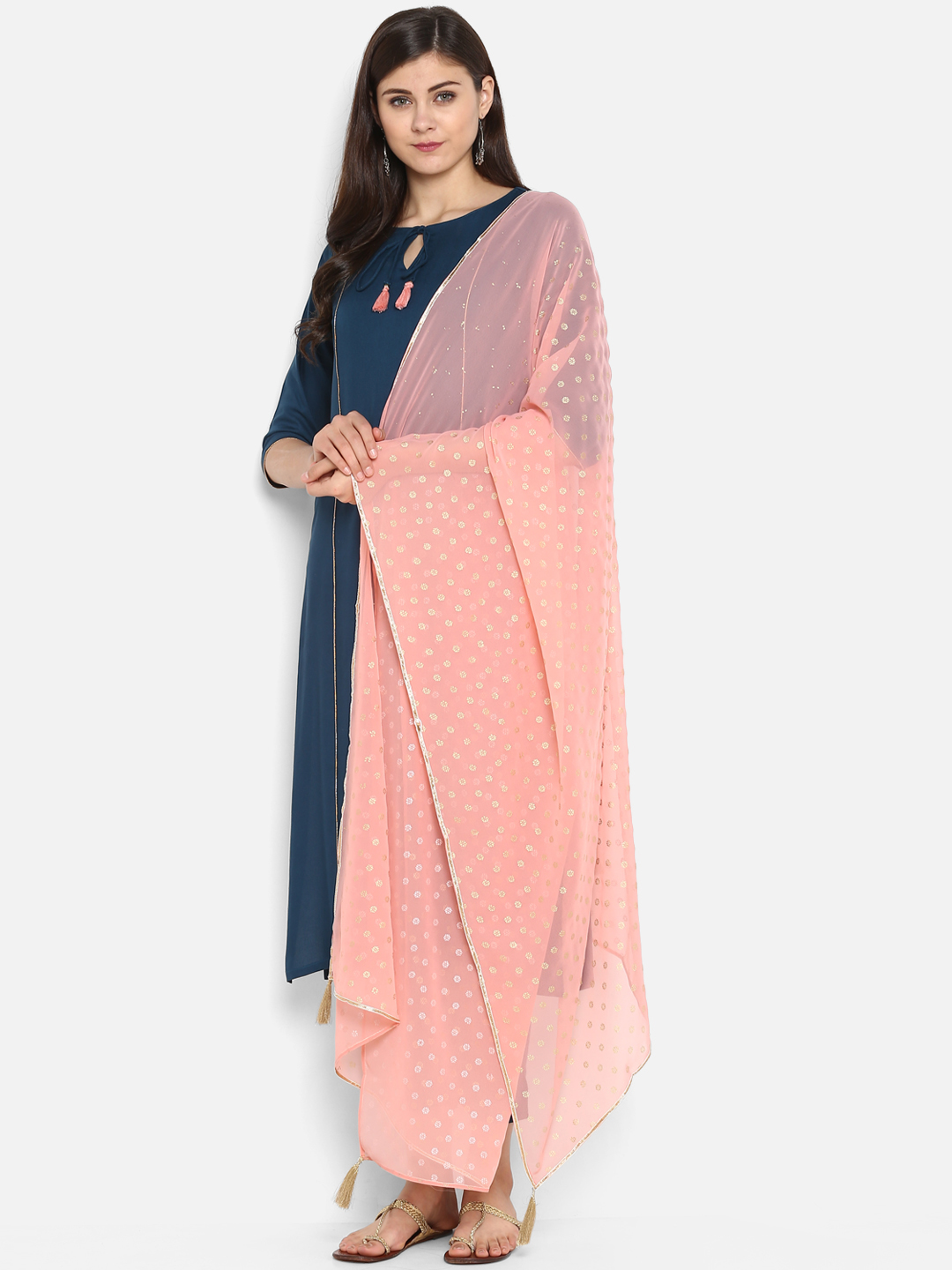 Janasya Women Navy Blue & Peach-Coloured Solid Kurti with Trousers & Dupatta Price in India