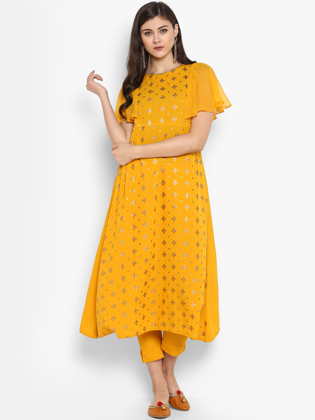 Janasya Women Yellow & Beige Printed Kurta with Trousers Price in India