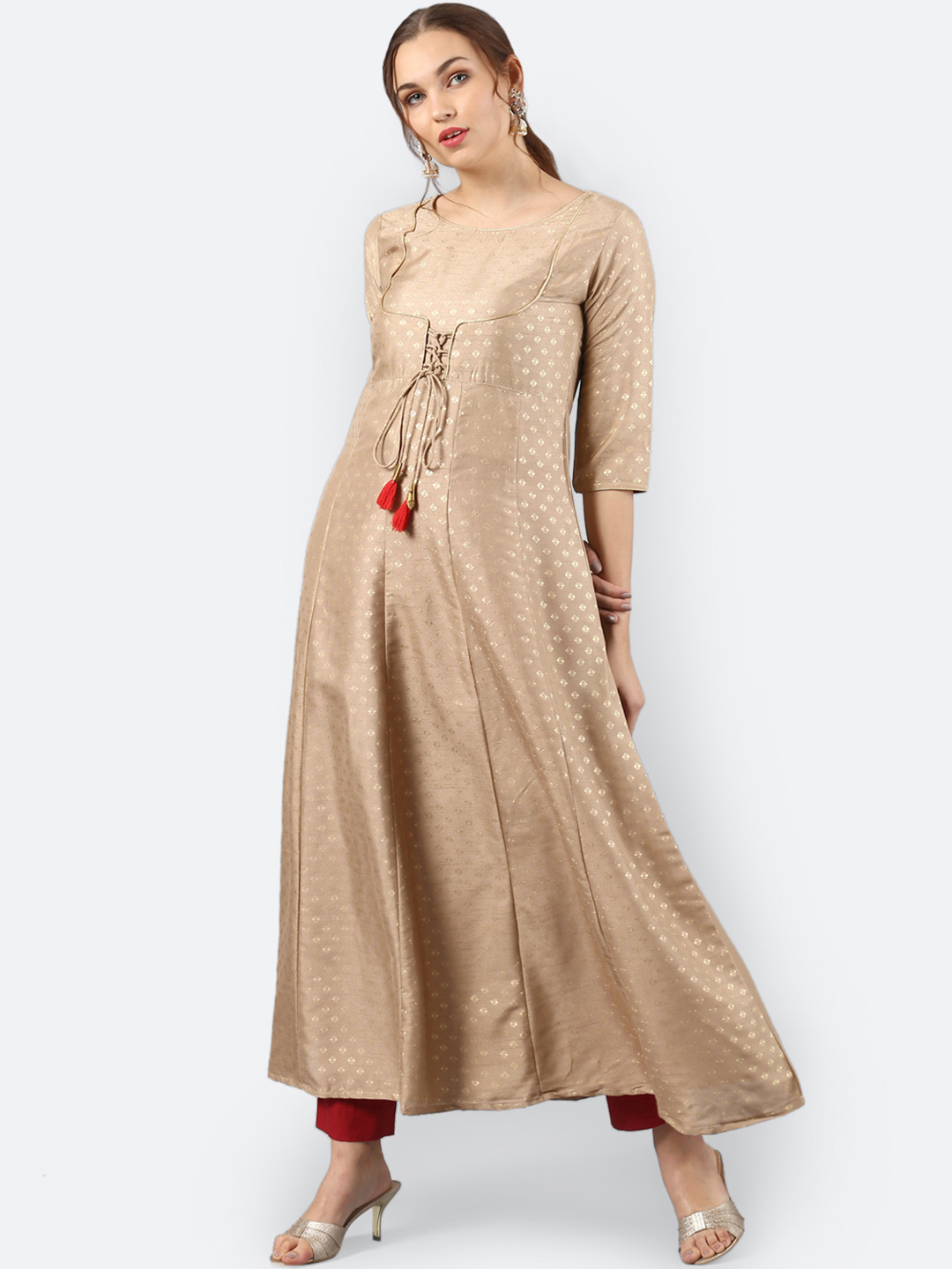 Janasya Women Beige Printed Anarkali Kurta Price in India