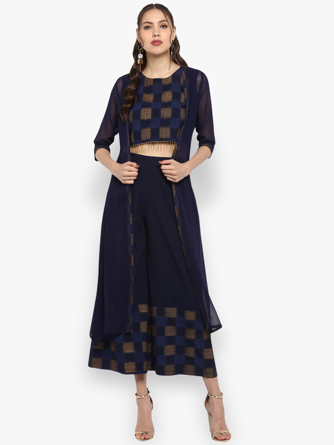 Janasya Women Navy Blue Printed Top with Palazzos Price in India