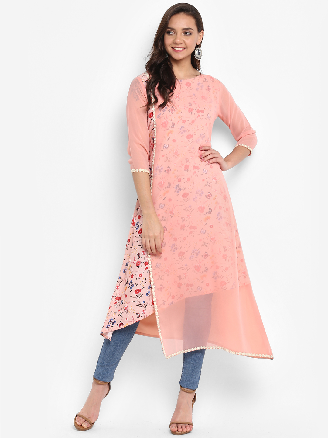 Janasya Women Pink Printed A-Line Kurta Price in India