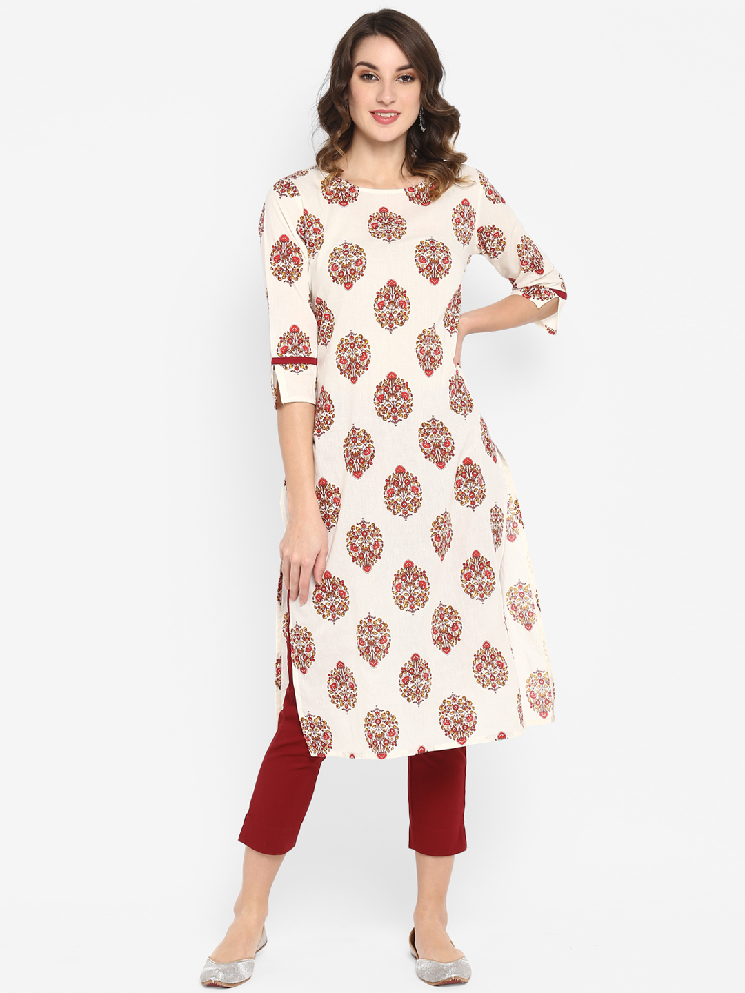 Janasya Women White & Red Printed Straight Kurta Price in India