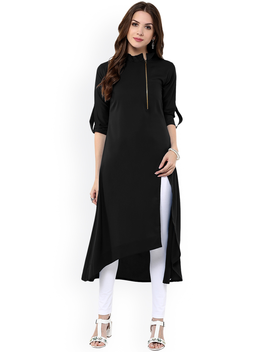 Janasya Women Black Solid A-Line Kurta Price in India