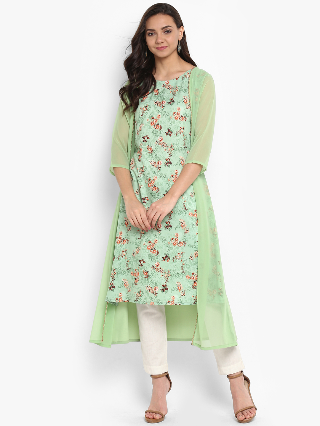 Janasya Women Green Printed A-Line Kurta Price in India