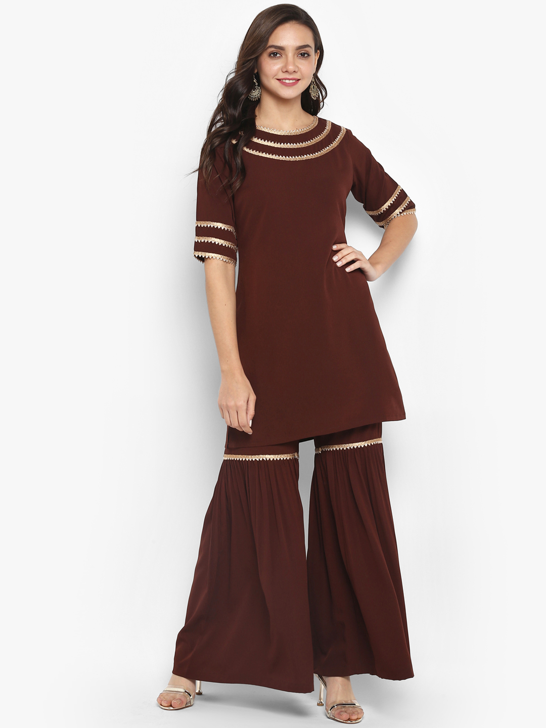 Janasya Women Brown Solid Kurta with Sharara Price in India