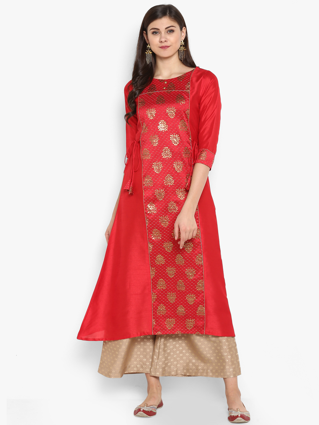 Janasya Women Red & Beige Printed Kurti with Palazzos Price in India