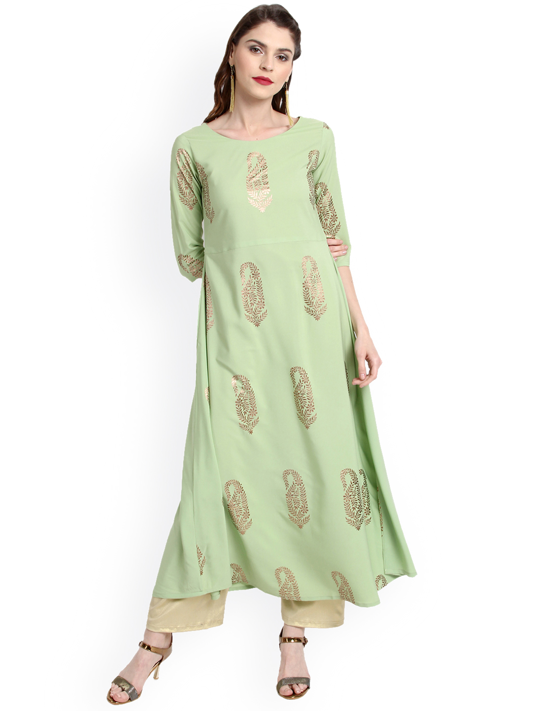 Janasya Women Green Printed A-Line Kurta Price in India