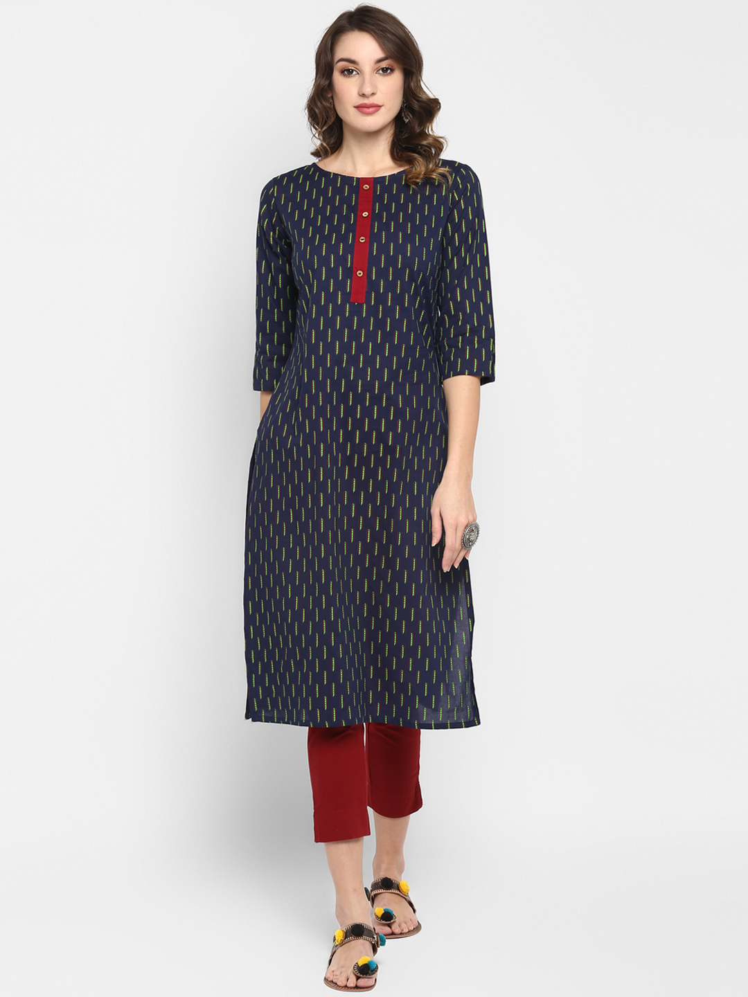 Janasya Women Navy Blue & Green Printed Straight Kurta Price in India