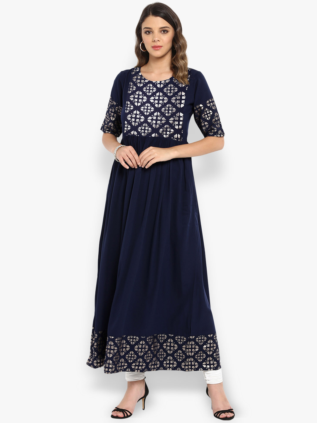 Janasya Women Navy Blue Printed Anarkali Kurta Price in India