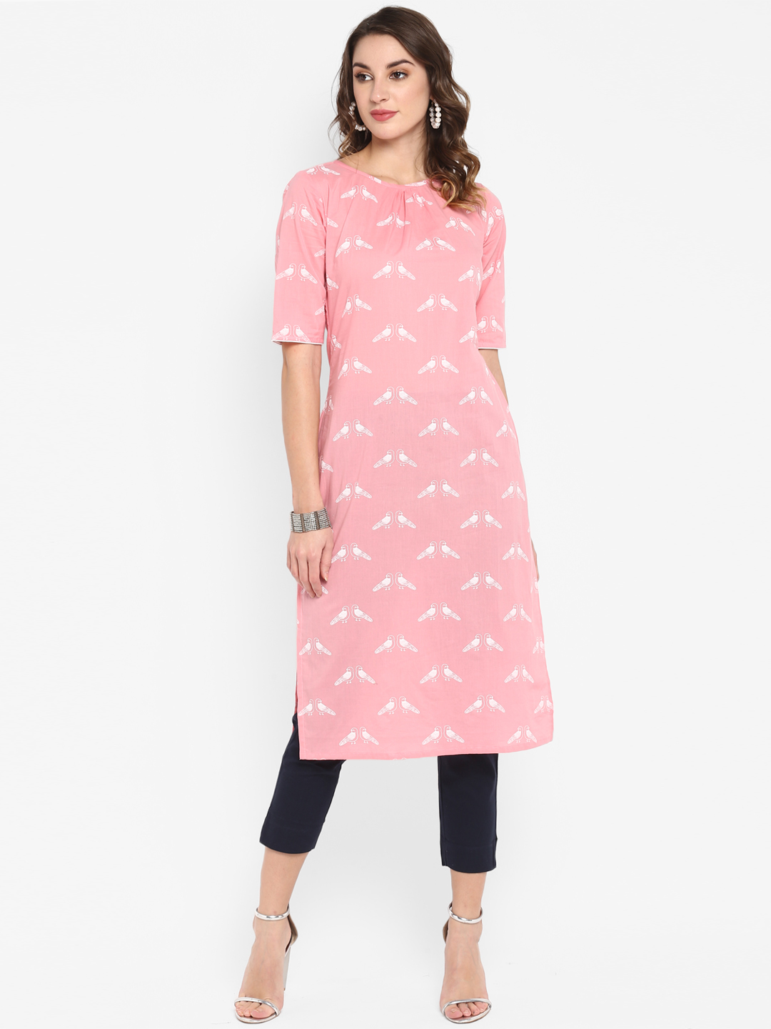 Janasya Women Pink & White Printed Straight Kurta Price in India