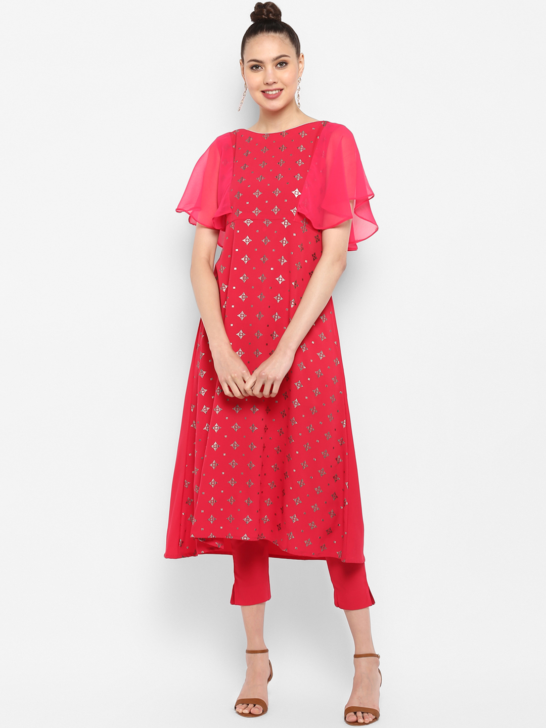 Janasya Women Magenta & Silver-Toned Printed Kurta with Trousers Price in India