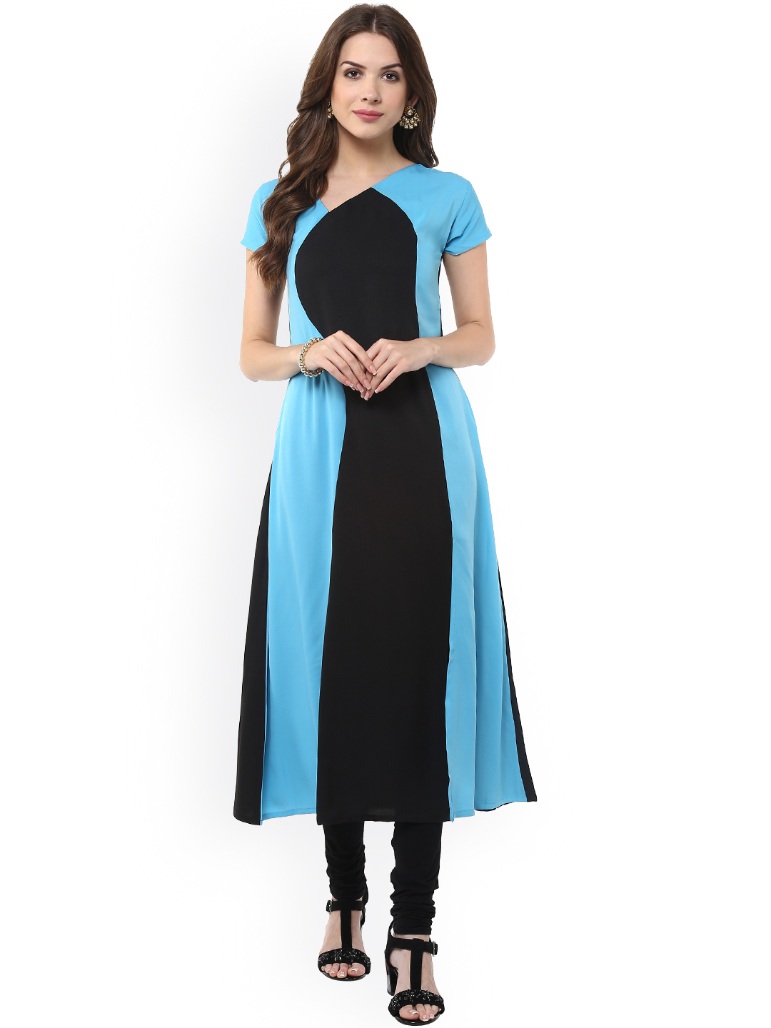 Janasya Women Black & Blue Colourblocked A-Line Kurta Price in India