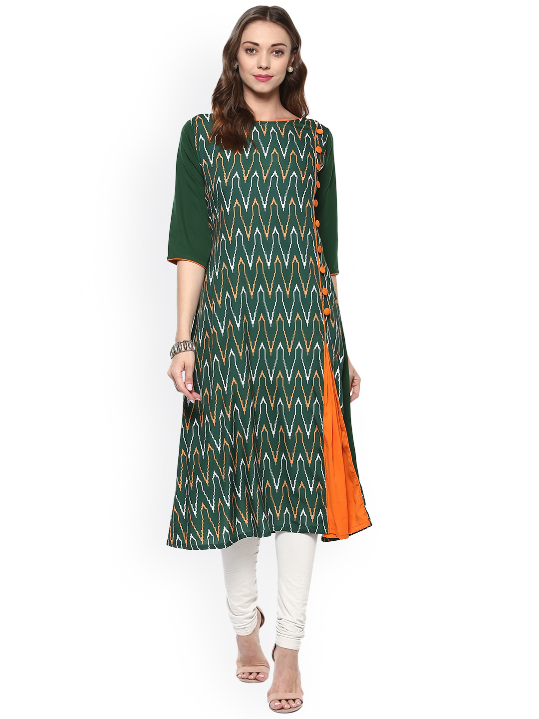 Janasya Women Green Printed A-Line Kurta Price in India