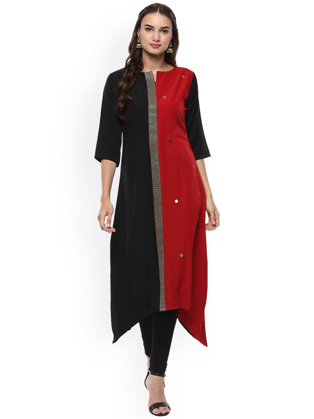 Janasya Women Black & Red Embellished A-Line Kurta Price in India