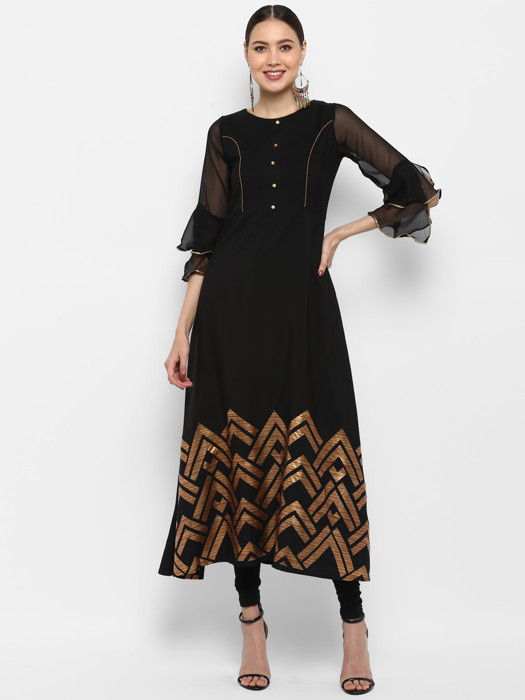 Janasya Women Black Printed A-Line Kurta Price in India