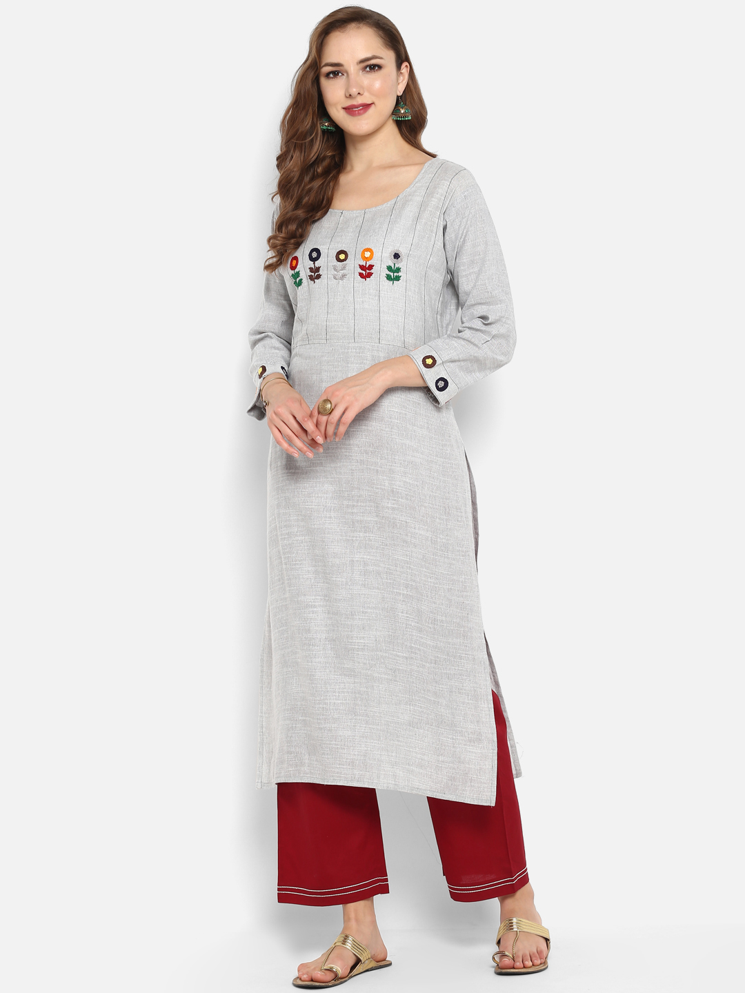 Janasya Women Grey & Maroon Embroidered Kurta with Trousers Price in India