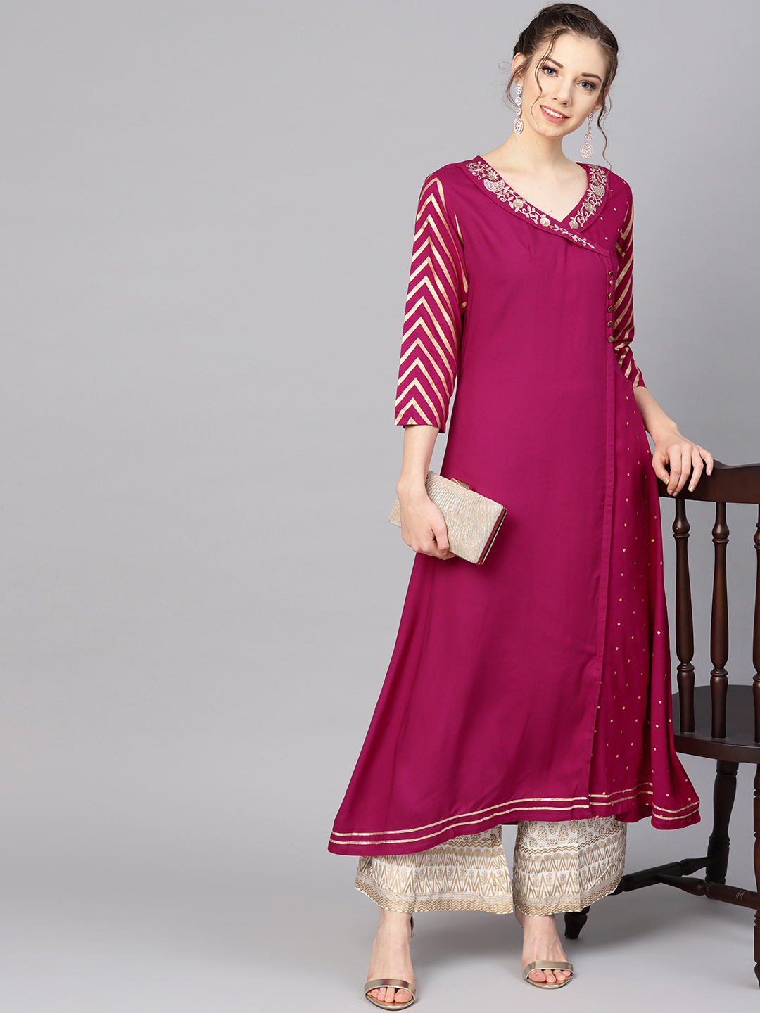 Varanga Women Magenta & Off-White Printed Kurta with Palazzos Price in India