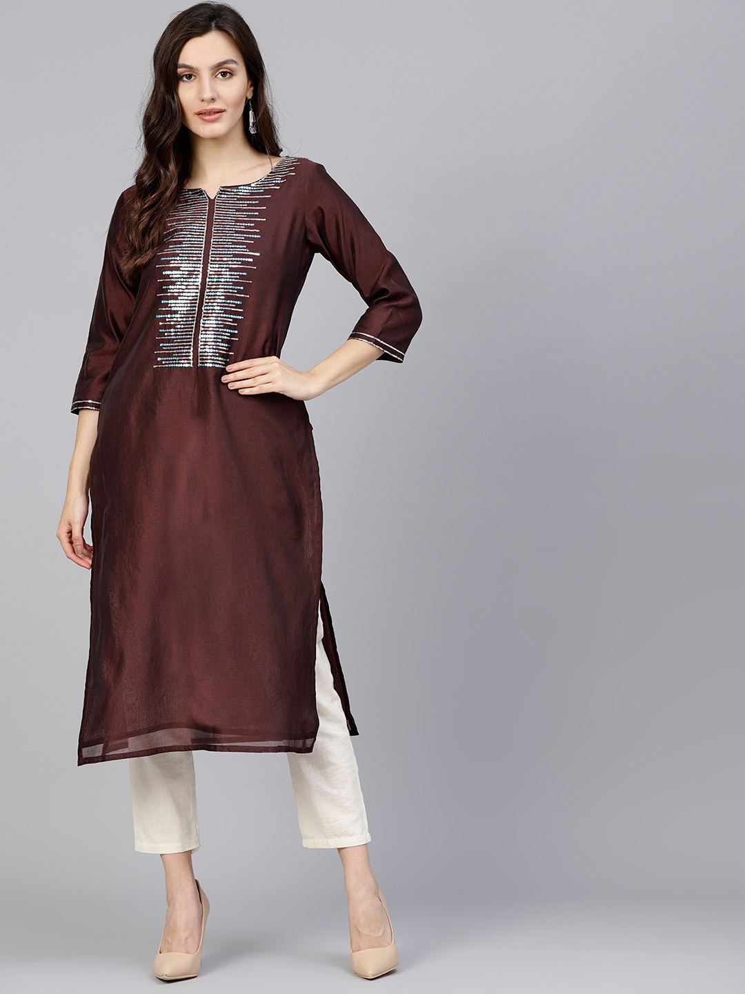 Varanga Brown Chanderi Embroidered Kurta Price in India