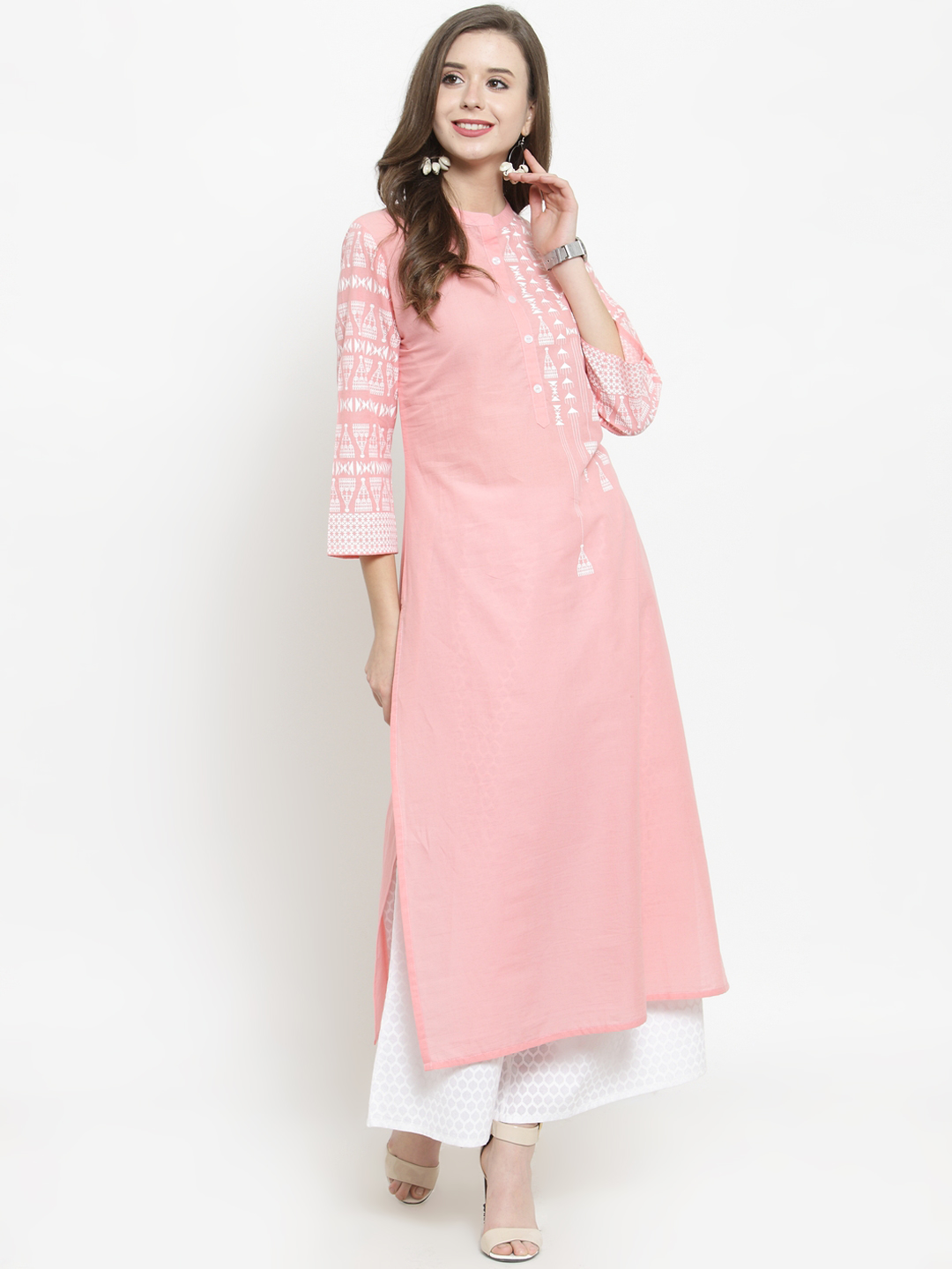 Varanga Women Peach-Coloured & White Printed Kurta with Palazzos Price in India