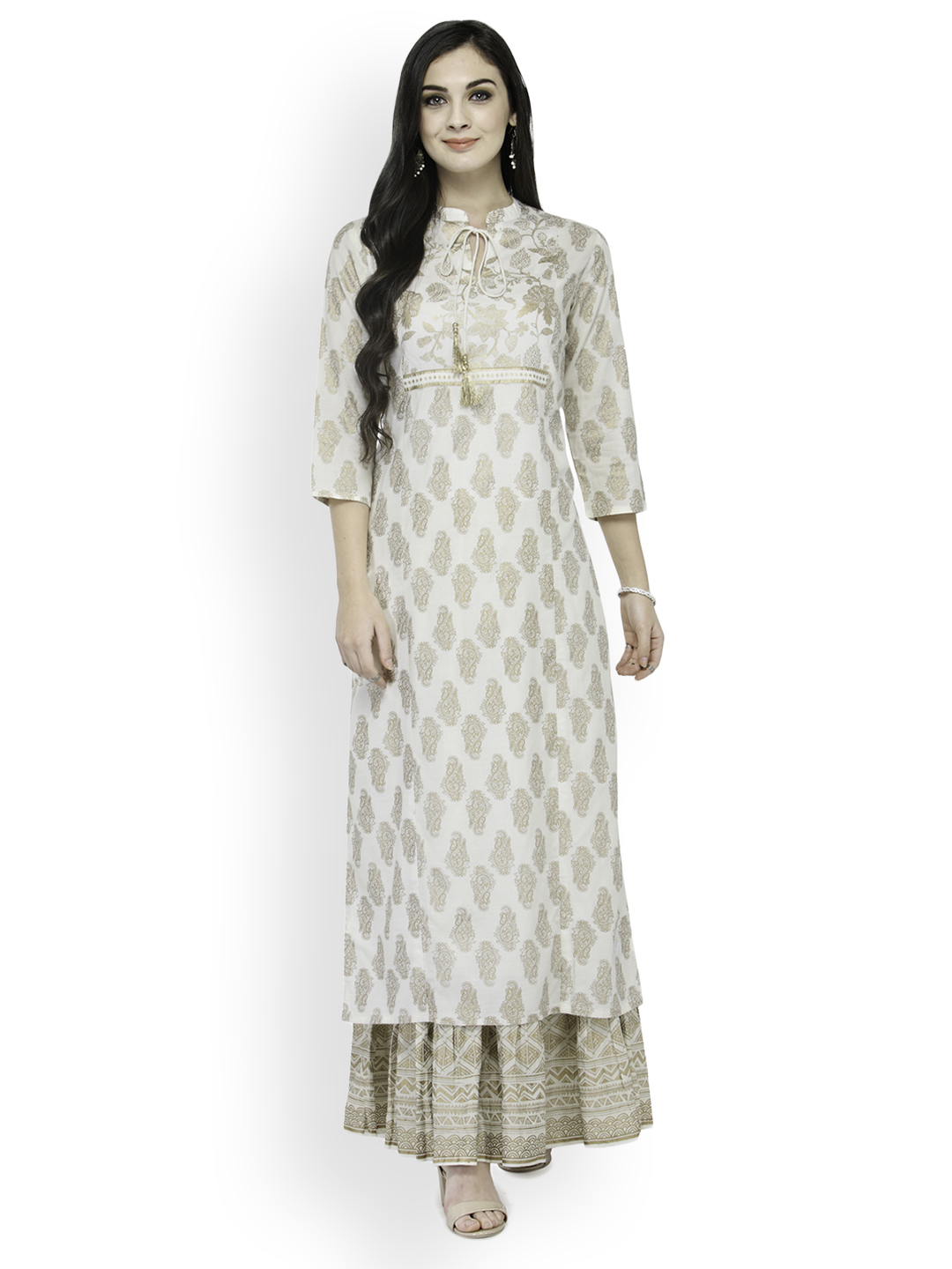 Varanga Women Off-White & Gold-Toned Printed Straight Kurta Price in India