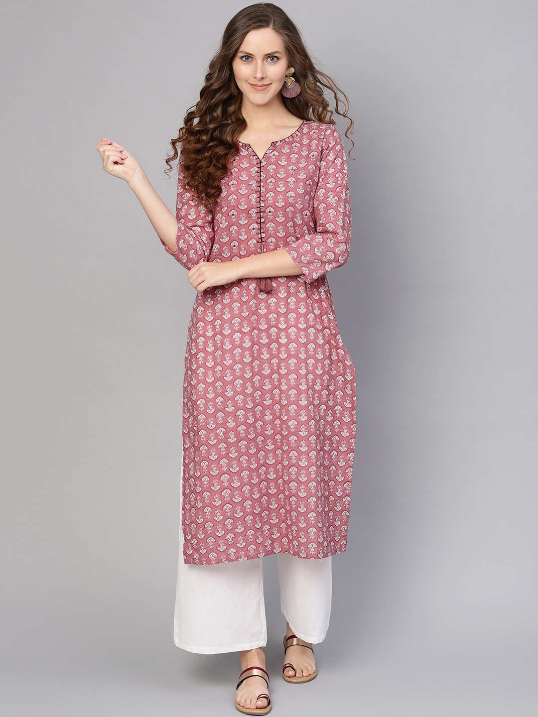 Varanga Women Pink & White Printed Straight Kurta Price in India