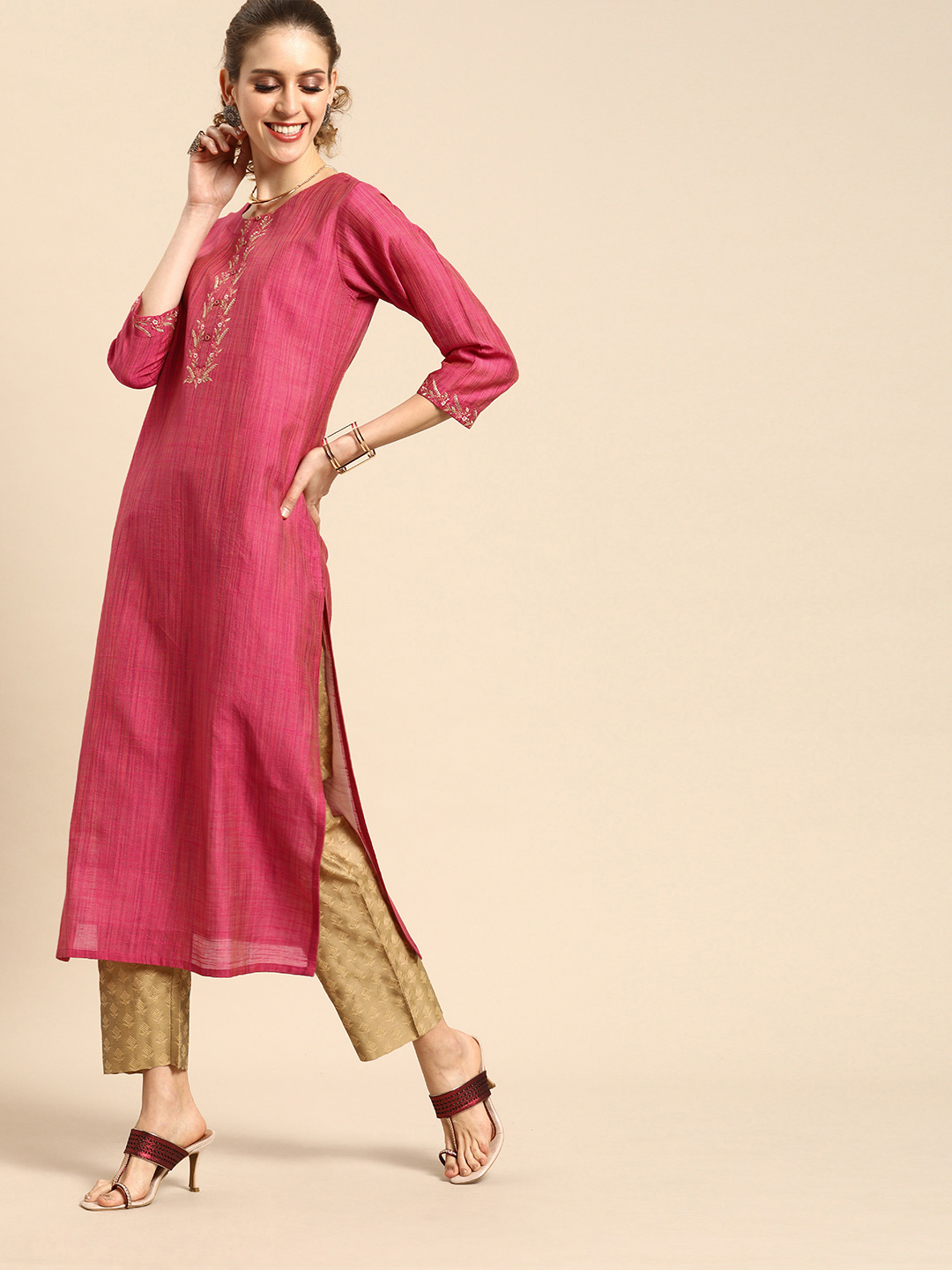 Varanga Women Pink Embroidered Straight Kurta Price in India