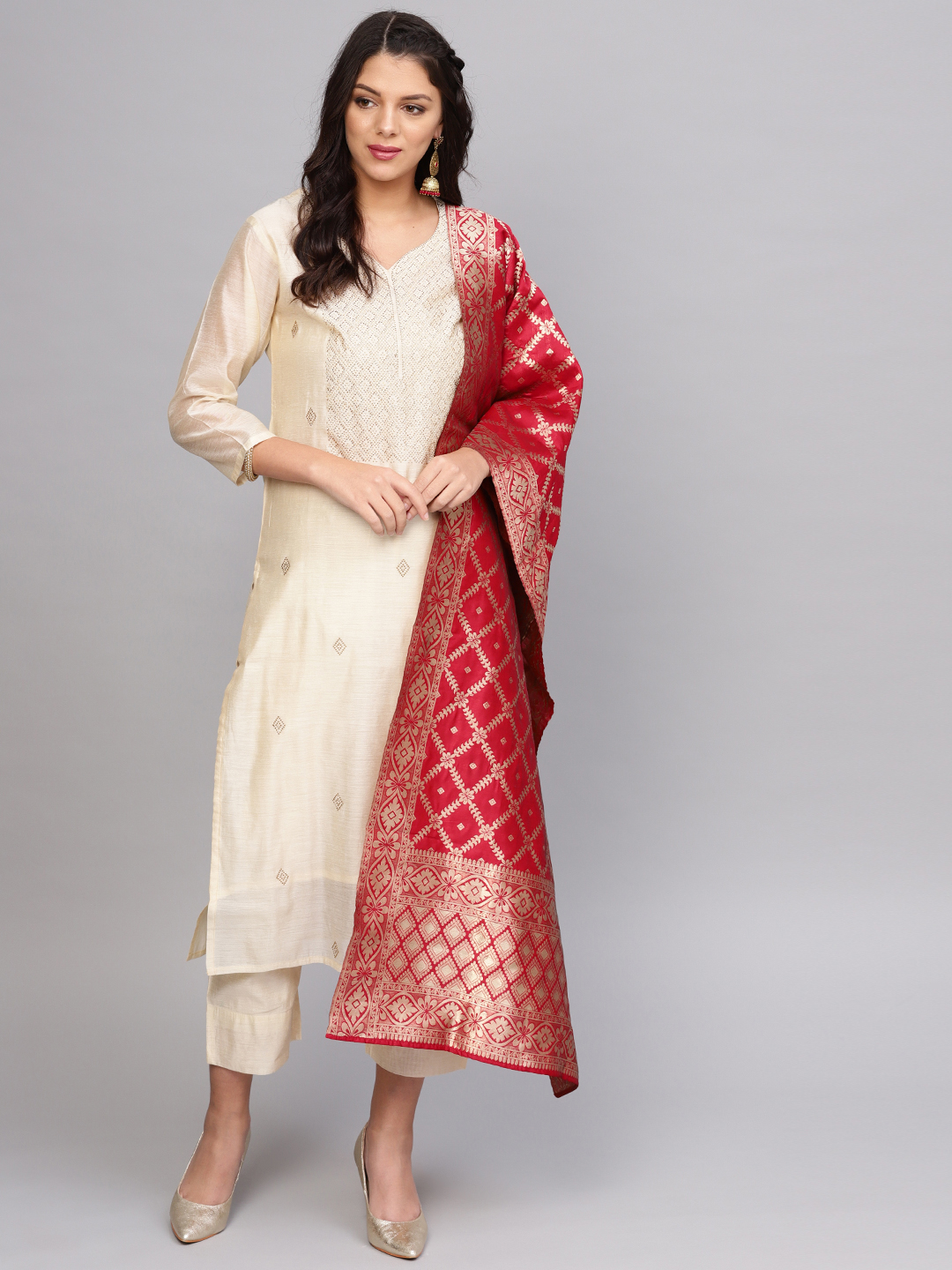 Varanga Women Cream-Coloured & Red Solid Kurta with Trousers & Dupatta Price in India