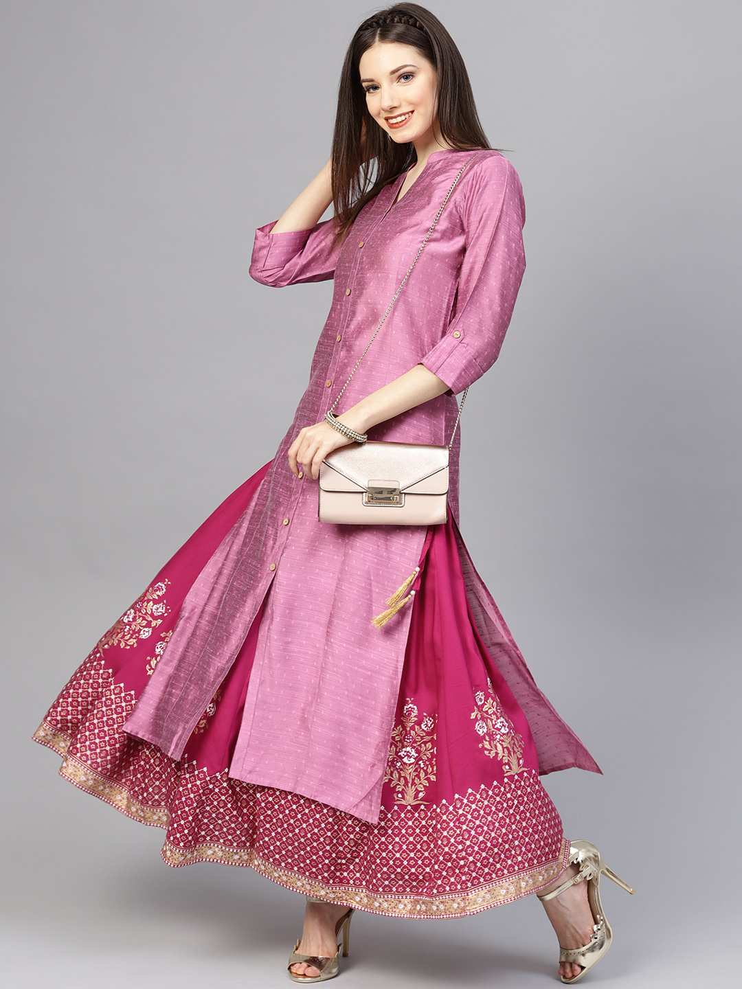 Varanga Women Pink & Magenta Solid Handloom Kurta with Skirt Price in India