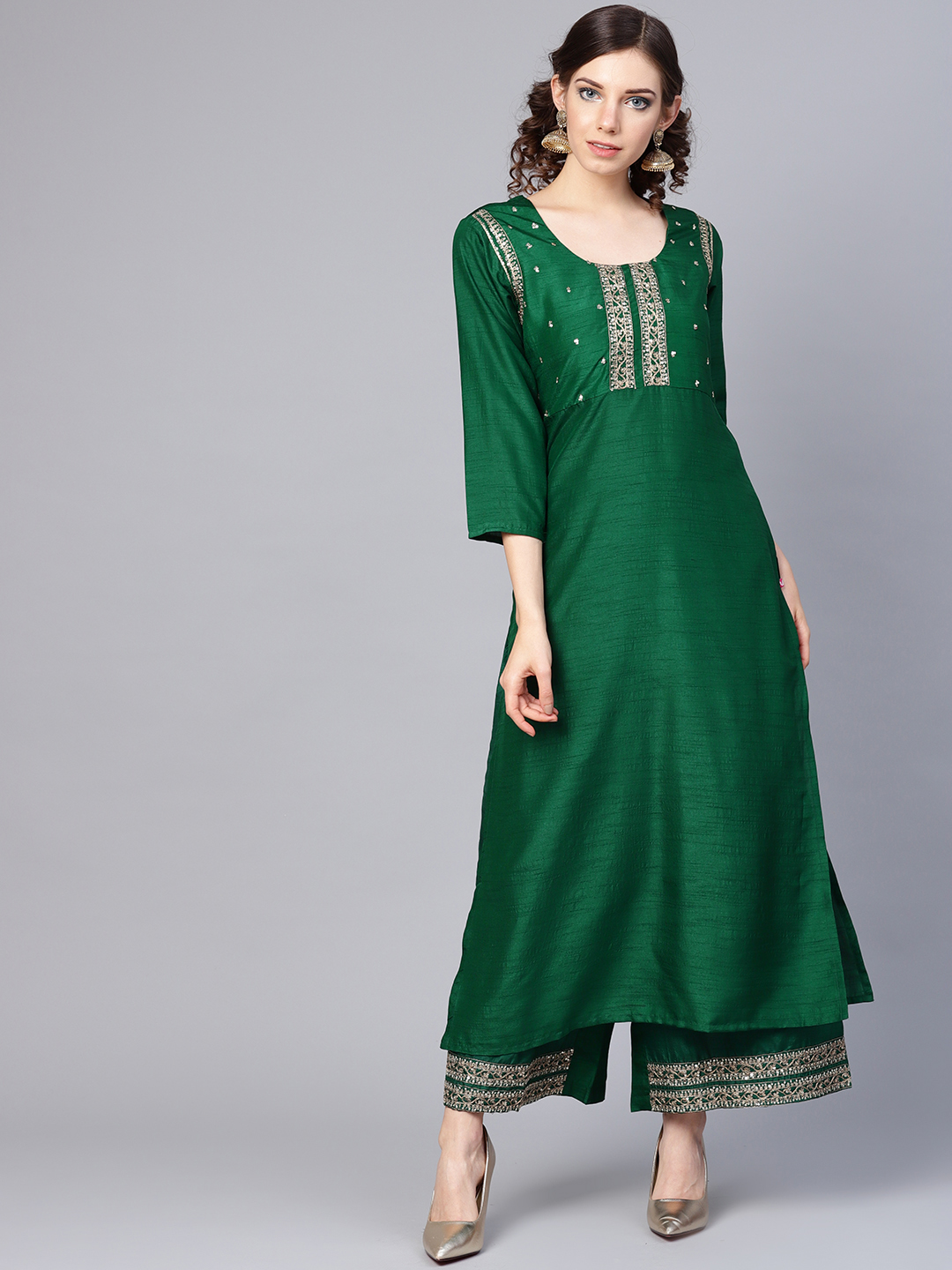 Varanga Women Green Yoke Design Kurta with Palazzos Price in India