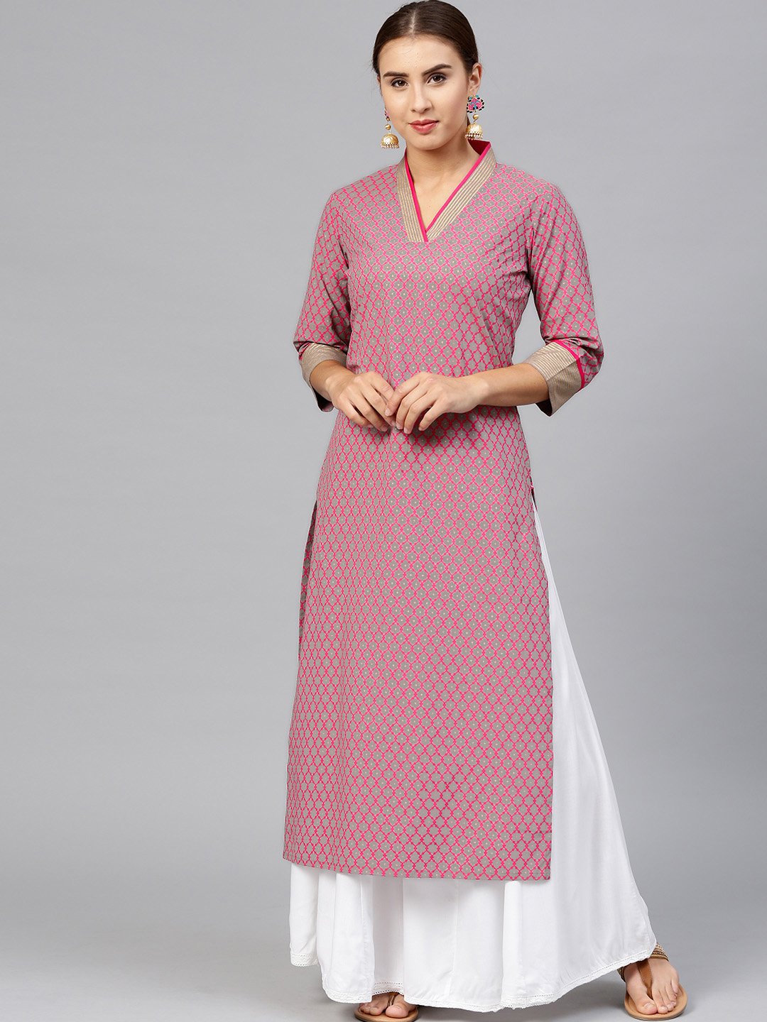 Varanga Women Pink & Grey Printed Straight Kurta Price in India