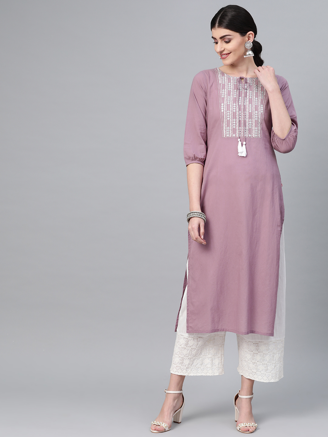 Varanga Women Mauve & White Yoke Design Straight Kurta Price in India