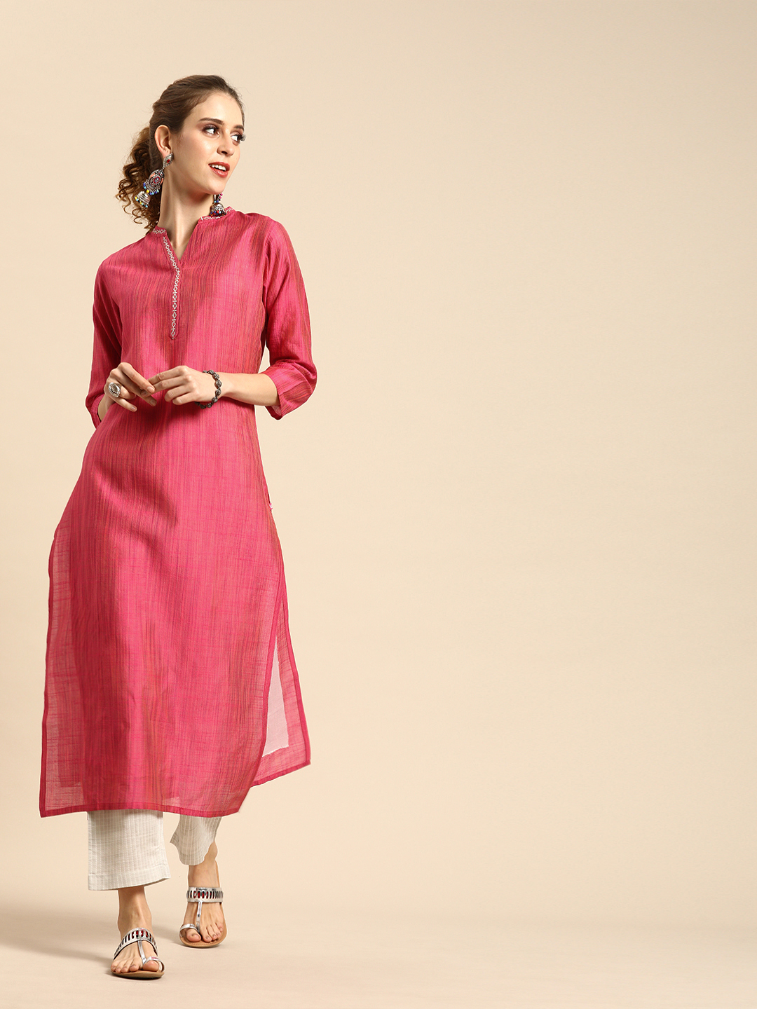 Varanga Women Pink & Grey Solid Kurta with Trousers with Embroidered Detail Price in India