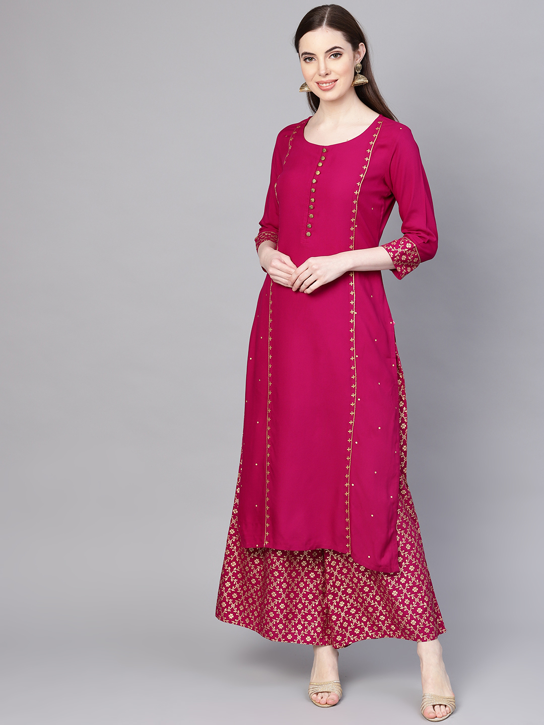 Varanga Women Magenta & Golden Printed Kurta with Palazzos Price in India