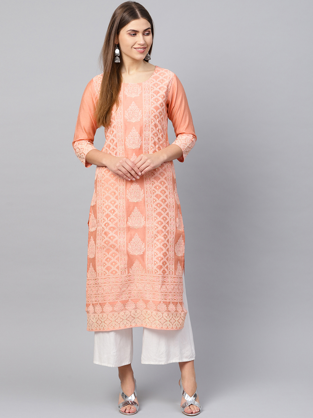 Varanga Women Peach-Coloured & Off-White Printed Chanderi Silk Chikankari Kurta Price in India