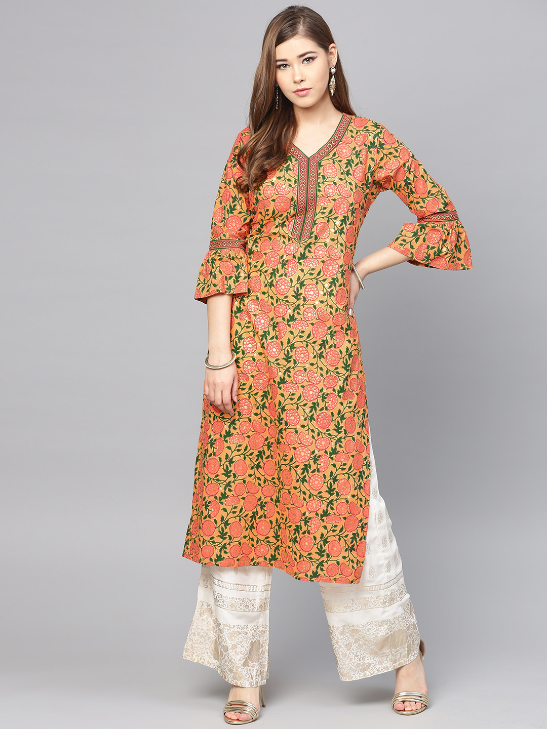 Varanga Women Peach-Coloured & Pink Printed Straight Kurta Price in India