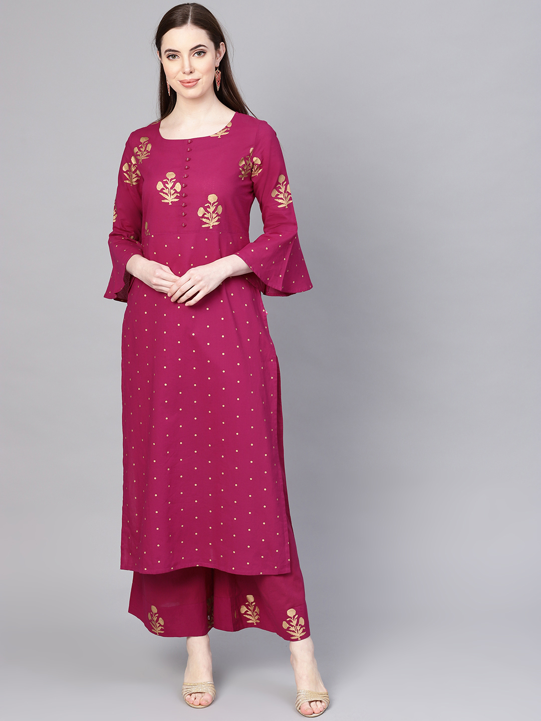 Varanga Women Magenta & Golden Printed Kurta with Palazzos Price in India