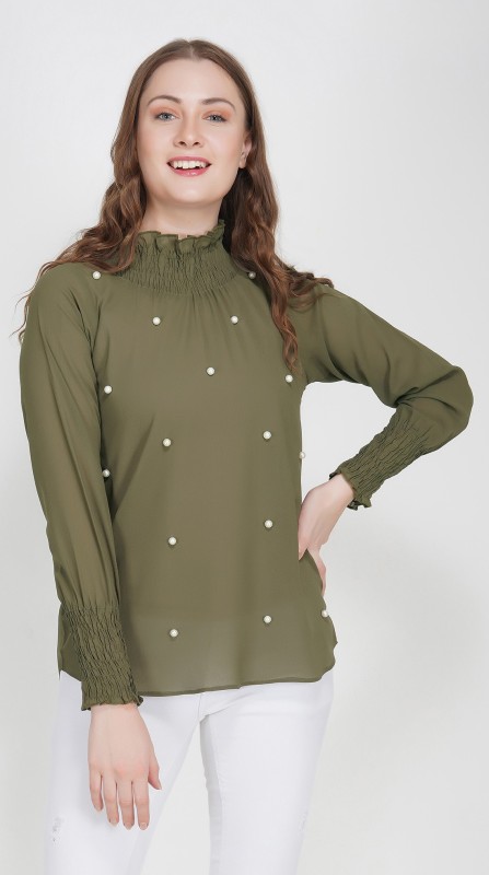 Party Full Sleeve Embellished, Solid Women Green Top Price in India